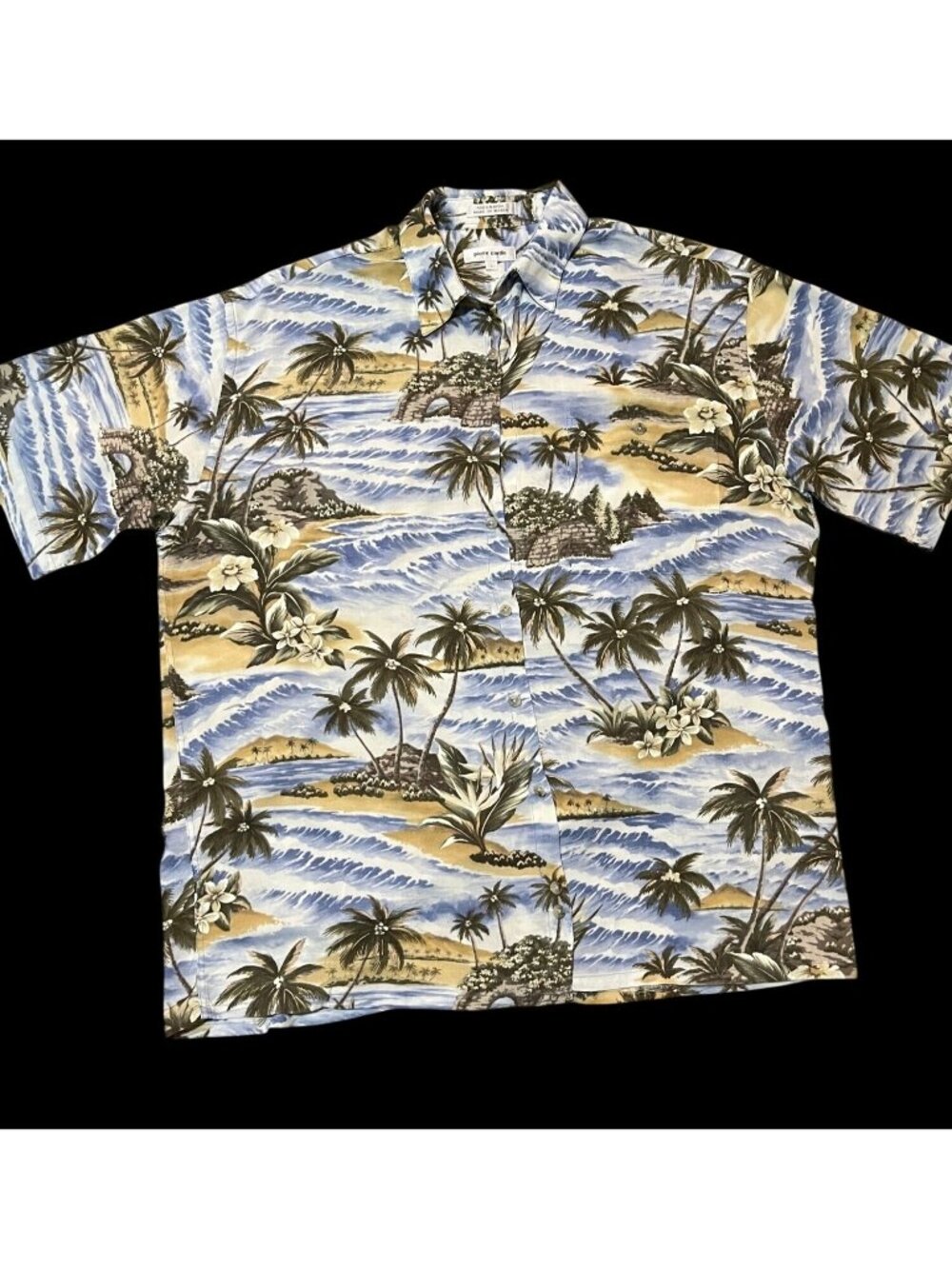 Pierre Cardin Rayon Hawaiian Button-Up Shirt L Tropical Palm Island Print